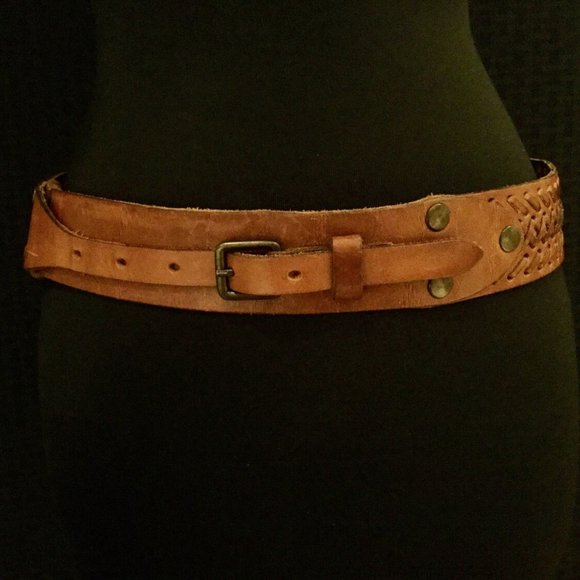 Massimo Dutti USED Wide Brown Cow Leather Belt Brass Buckle Size 80 - Picture 2 of 11